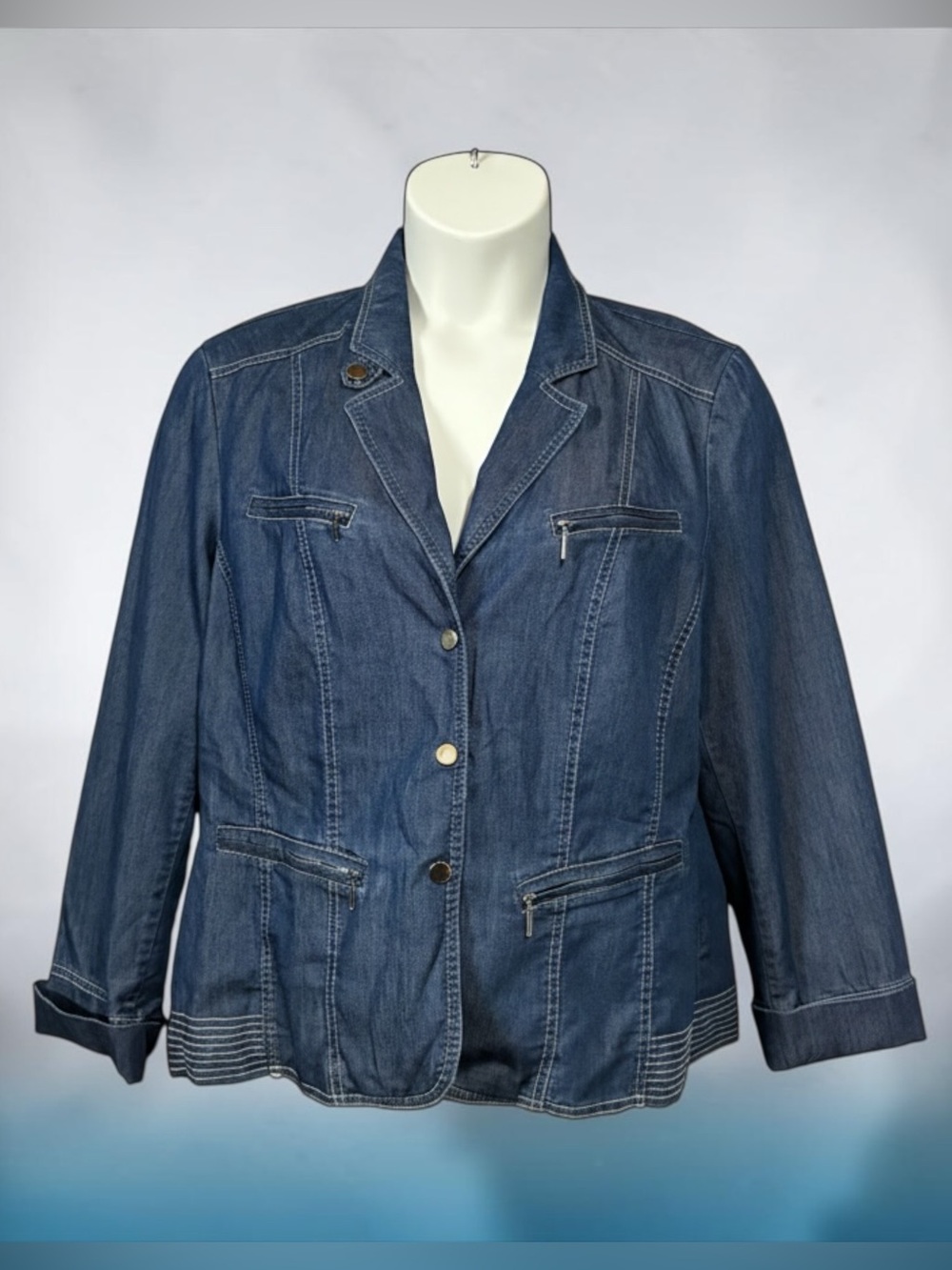NEW, CONRAD C, Denim Blazer Jacket, Size 16, Blue Tencel Cotton Zip Pockets